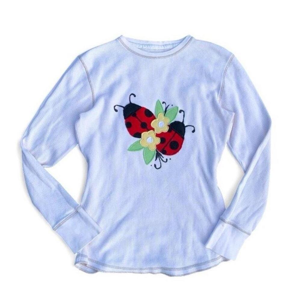 Custom upcycled waffle knit Henley long sleeve lady bugs and flower
